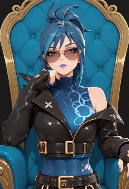 absurdres, masterpiece, best quality, very aesthetic, HDR, 8K, ultra-detailed, femdom, anime, 748cmstyle, sitting on throne, upper body,
1girl, Hope_Fortnite, solo, blue hair, blue lips, purple lips, makeup, multicolored hair, streaked hair, nail polish, jewelry, ponytail, sunglasses, off shoulder, fingerless gloves, black jacket, belt, torn clothes, leather jacket, long sleeves, cropped jacket, skindentation, shiny skin, (skinny), dominant female,