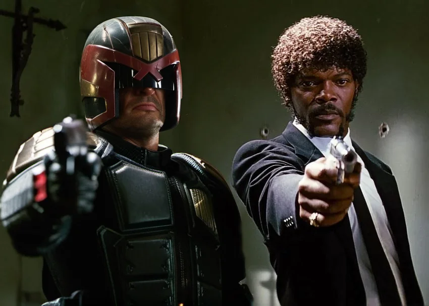 Dredd1024, two men in uniform aiming guns, highly detailed , photography, ultra sharp, film, bokeh, professional, 4k, highly detailed <lora:add-detail-xl:1.5> <lora:Dredd1024:0.8>