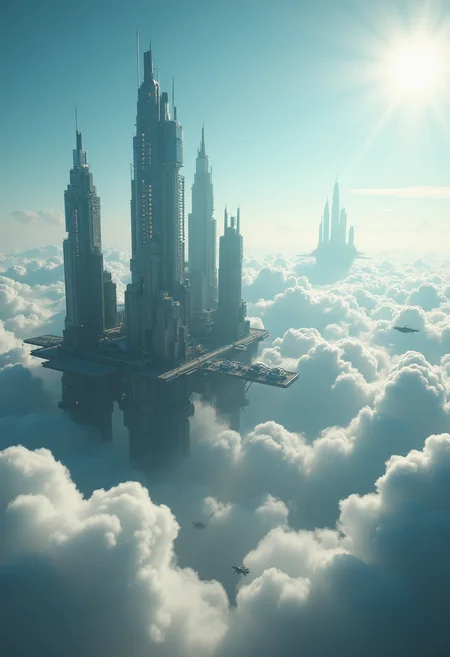 A stunning futuristic city floating in the clouds. Glass towers with spires floating in the sky. Sci-fi vibes. Flying spaceships in the clouds. Futuristic. Solarpunk. Surrounded by fluffy clouds. intricate details, beautifully shot, perfect composition, high contrast, cinematic, atmospheric, moody