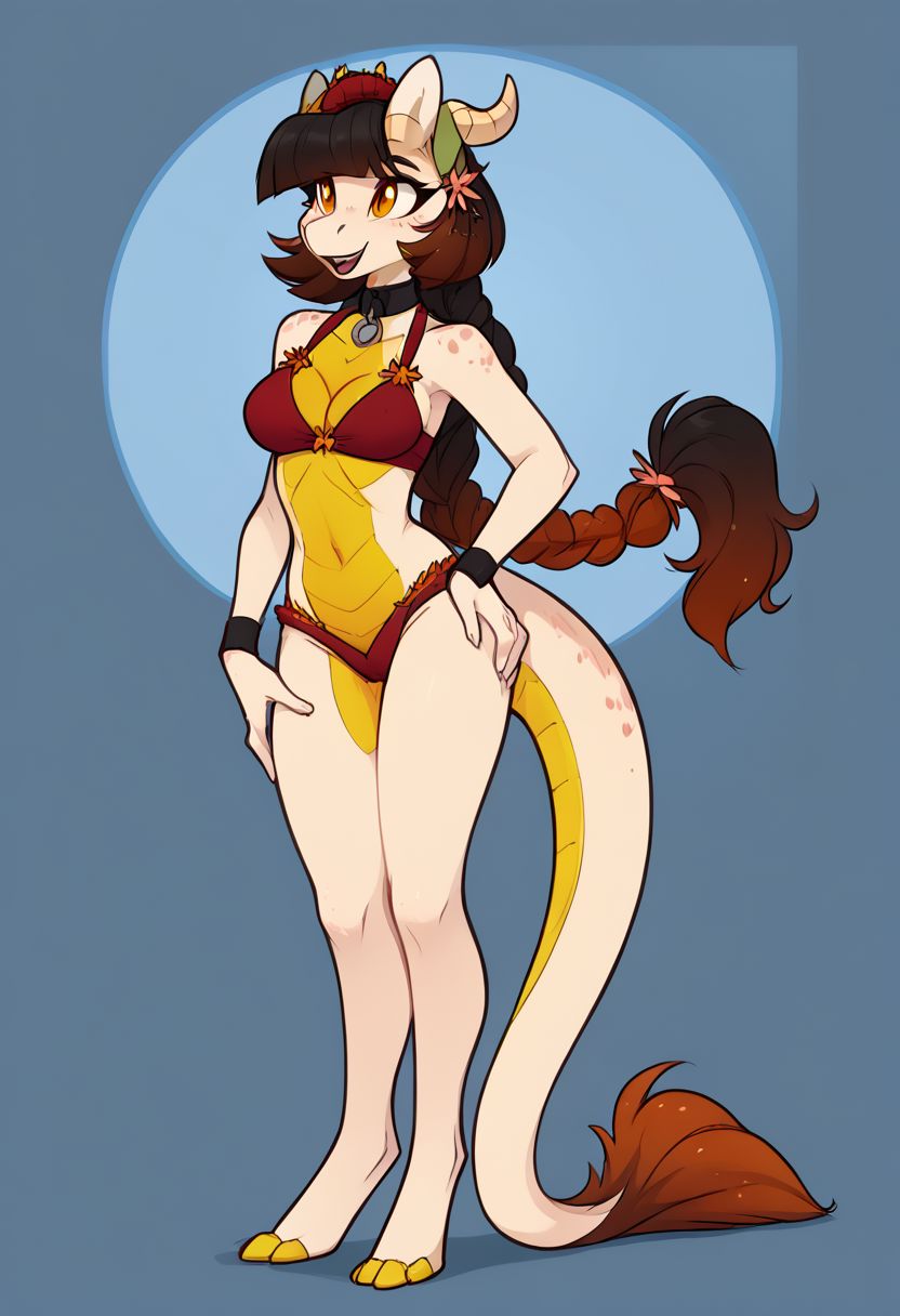 score_6_up, score_5_up, score_4_up, Nava, kobold, brown hair, gradient hair, orange hair, horns, scales, furry female, bob cut, single braid, dragon tail, yellow eyes, medium breasts, tail, collar, anthro, bikini, simple background, abstract background, posing, cute, best legs, beautiful legs, round breasts, breasts together, curvy hips, smile, open mouth, cleavage, medium breasts, long legs, sexy legs, happy, adorable, sexy, beautiful, highly detailed, masterpiece, 4k, quality art, digital art, zPDXL2,