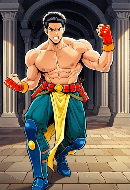 masterpiece, best quality, amazing quality, very aesthetic, absurdres, newest, 1boy, dionffl3, black hair, muscular, bulging muscles, shirtless, orange fingerless gloves, yellow loincloth, belt, teal pants, blue greaves, standing pose, hallway, stone walls, pillars, angry, clenched teeth, dynamite belt,