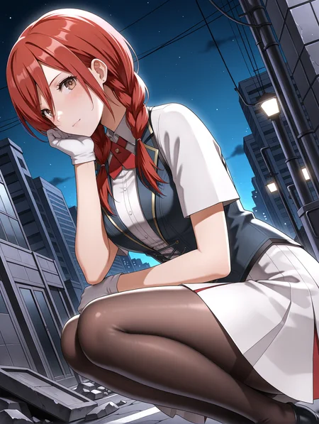 masterpiece,best quality,newest,
1girl,solo,
<lora:t_hibari_b_ilxl_v1.1:1>,t_h_b,red hair,twin braids,brown eyes,
h_clothes,red ascot,white gloves,black vest,white skirt,black_pantyhose,
<lora:Fixhands_anime_bdsqlsz_V1:1>,profile,looking_at_viewer,city,street,night,dynamic_angle,cinematic_angle,cowboy_shot,squatting,cheek rest,rubble_ruins,