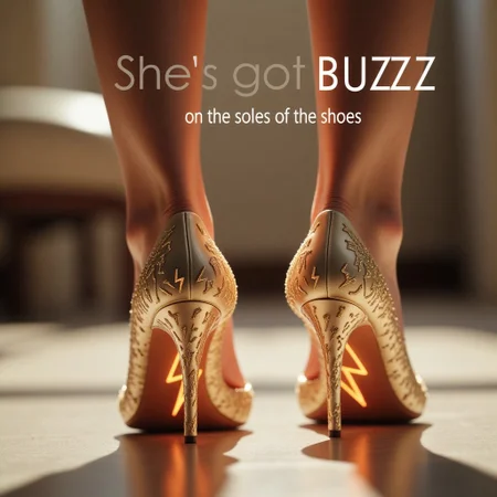 Close up of a woman's feet wearing elegant high heels seen from behind. She looks like she's about to take a step, one foot lifted of the floor showing the sole of the shoe. The sole of the shoes are covered in stylized lightning bolt symbols.
The text "She's got BUZZ on the soles of her shoes" is printed above the image.