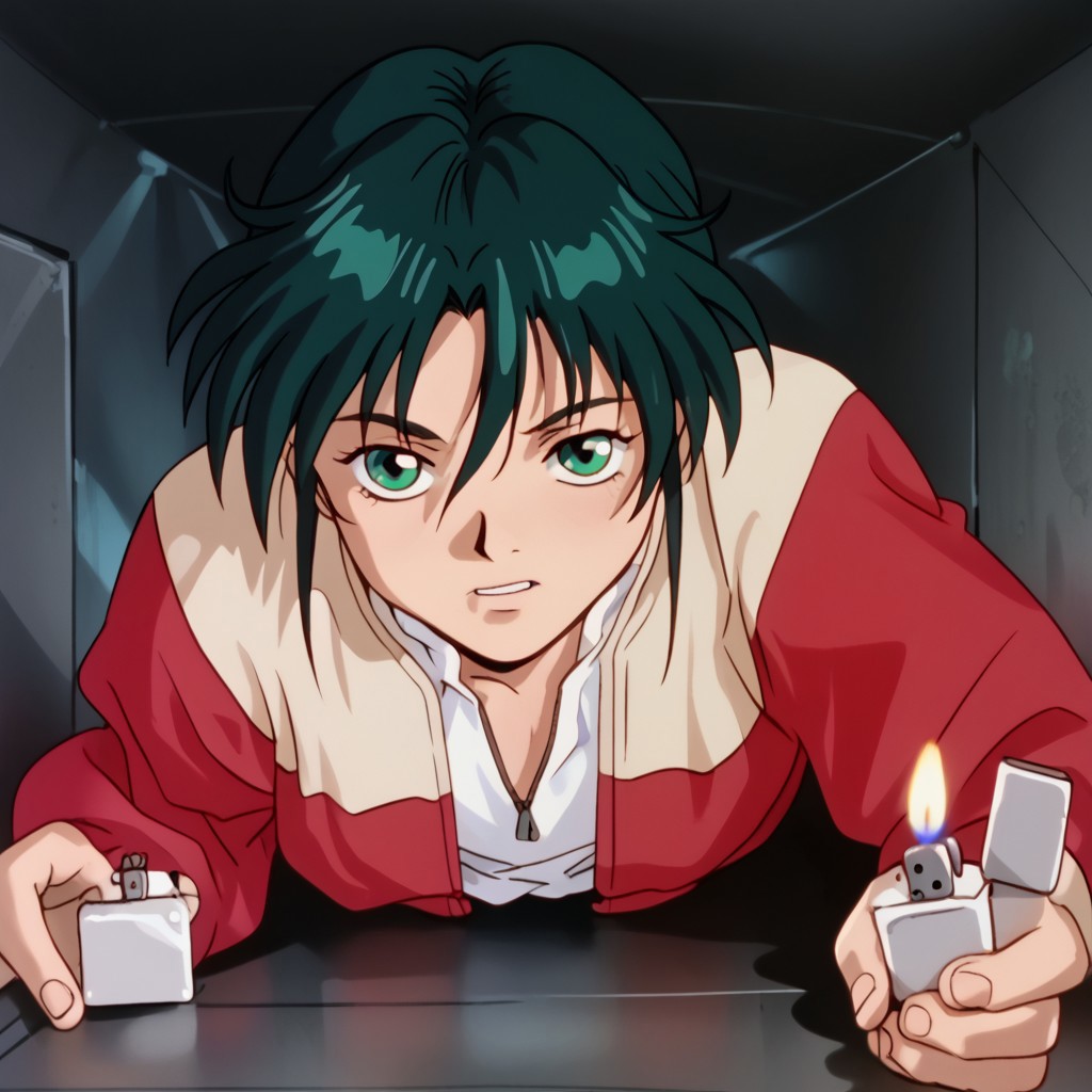 score_8, score_8_up, score_7_up, AWGXS, anime screenshot, retro artstyle,1990s (style), cel animation BREAK 1boy, male focus, solo, Garrod Ran, black hair, jacket, red jacket, two-tone jacket, open jacket, white shirt, zipper pull tab, CEVCDH, crawling, on stomach, lying, cramped, holding lighter, lighter, fire, ventilation shaft, straight-on,