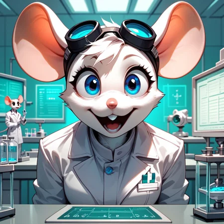 score_9, score_8_up, score_7_up, anime style, anthro mouse, B3ck13M0us3, Standing in laboratory, white lab coat, black goggles, Excited, table beakers From front, close up,