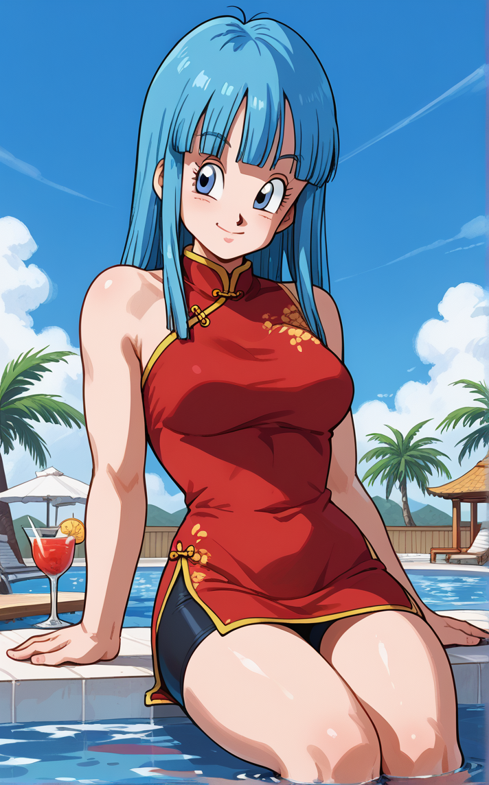 score_9, score_8_up, score_7_up, (soaking feet), pool, palm tree, outdoors, sitting, water, looking to the side, light smile, day, sidelighting, cloudy sky, partially submerged, cocktail, scenery,  <lora:PONYXL_DragonBall_Maron_ownwaifu:0.85>, BREAK ChinaDress_Maron_ownwaifu, 1girl, blue eyes, blue hair, hime cut, long hair, straight hair, sleeveless, blunt bangs, medium breasts, bare shoulders, red dress, china dress, chinese clothes, sleeveless dress, eyelashes, strapless dress, bike shorts, turtleneck, 1990s (style), short dress, turtleneck dress, <lora:add-detail-xl:0.15>,