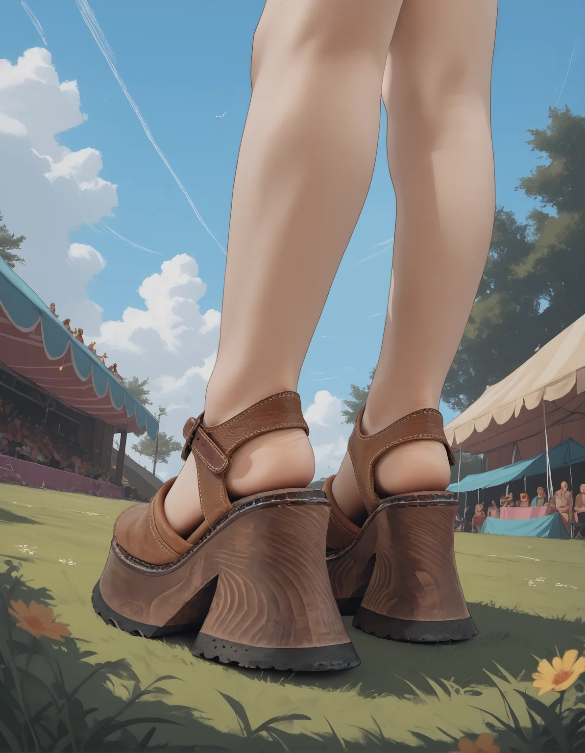 score_9, score_8_up, score_7_up, score_6_up, realistic,
wide angle, low angle, from side, foot focus,
outdoors, grass, concert, festival,
looking down, v, happy,
hippie tunic, frayed shorts,
1girl,
blonde hair,
feet, toes,
luankl3 sandals, platform footwear,
embedding:zPDXLrl ,
embedding:zPDXL2 ,