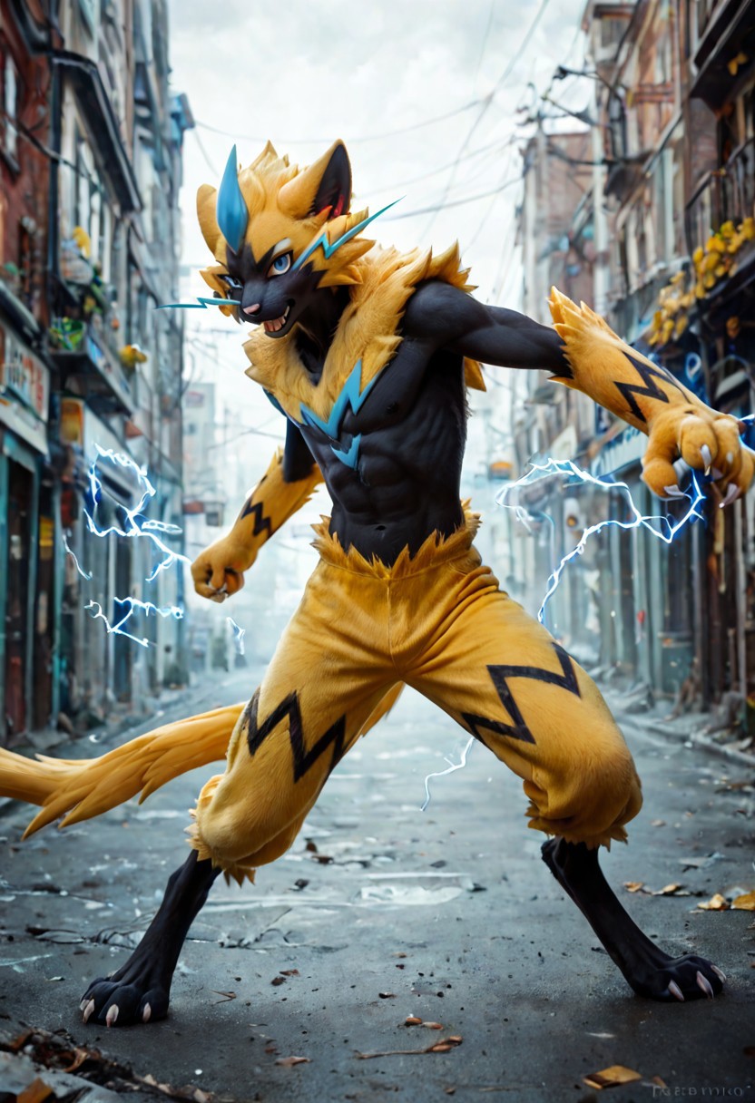 score_9, score_8_up, score_7_up, score_6_up, BREAK, furry, solo, 1boy, furry male, zeraora, anthro, body fur, furry body, detailed fur, realistic fur, yellow fur, black skin, yellow/black body, skinny male, lean physique, slim waist, skinny waist, abs, thick thighs, fluffy yellow legs, fluffy leg fur, fluffy fur, black feet, paws, digitigrade, yellow fur scarf, action pose, combat pose, electricity, cinematic, photorealistic