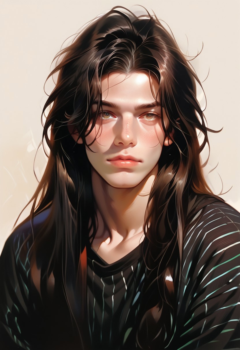 score_9, score_8_up, score_7_up, rating_safe, source_anime, 1boy, a photo of Addie Hilltye, 18 years old, striped shirt, black hair, long hair, portrait,