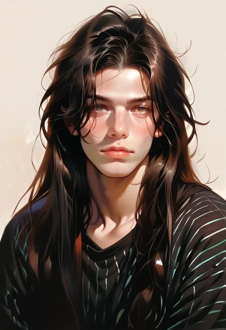 score_9, score_8_up, score_7_up, rating_safe, source_anime, 1boy, a photo of Addie Hilltye, 18 years old, striped shirt, black hair, long hair, portrait,