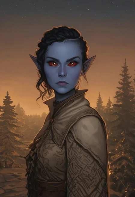 solo, medium pointy ears, nord woman, random elf face, aquiline features, dark elf, animated realism, torso, tundra, watchtower, tents, distant pine trees, grey-blue skin, scarlet and gold clothes, red sclera, black pupils, stream, distant mountains, aurora, night sky, blue-green light, neon, stars, highly detailed, defined features, looking at viewer, three quarters view, from side, dynamic lighting, 36 years old, light and shadows, black and silver clothes, dusk, paisley doublet, determined expression, expressive eyes, detailed medieval clothes, medium_breasts, short hair, wavy hair, thick hair, braided hair, under cut hair, semirealistic, alien elf, spanish features, jewish features, black hair, dark red hair, umber skin, sharp features, linen cloak, nighttime, high detail, absurdres, pretty eyes, detailed eyes, yellow eyes,