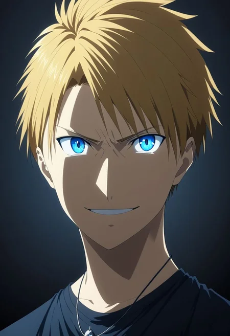 high resolution, solo, best quality, 1Boy, Yamato Ishida, Blond Hair, Blue Eyes, Necklace, potrait, dark shirt, looking at viewer, focused gaze forward, simple background, straight body, upper body, head upright, angry, smile, OverallDetail