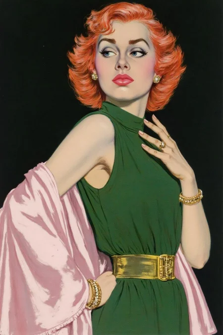cobyw1 illustration
A woman with short, wavy, bright red hair styled in a bob. She has a striking, glamorous look, with her lips painted a bold red. She is wearing a sleeveless green dress and a pink satin shawl. <lora:cobyw1_cap_d6a3e12:1.0><lora:818761422784770284:0>