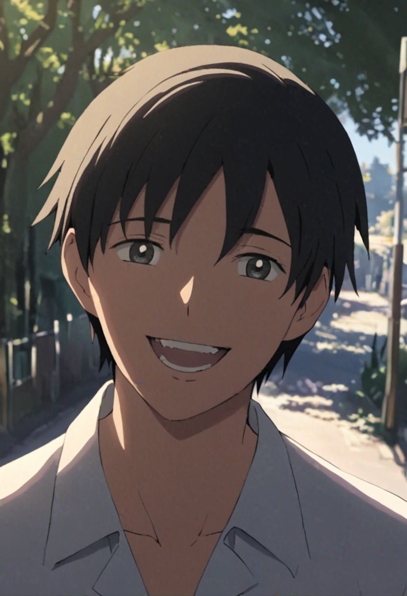 Highres, Masterpiece, High Quality, 4K, 8K, solo, 1Boy, Takaki Toono, adult, black hair, short hair, sunny weather, sunshine, potrait, laughing, looking at viewer, easynegative, detailed_eye_model