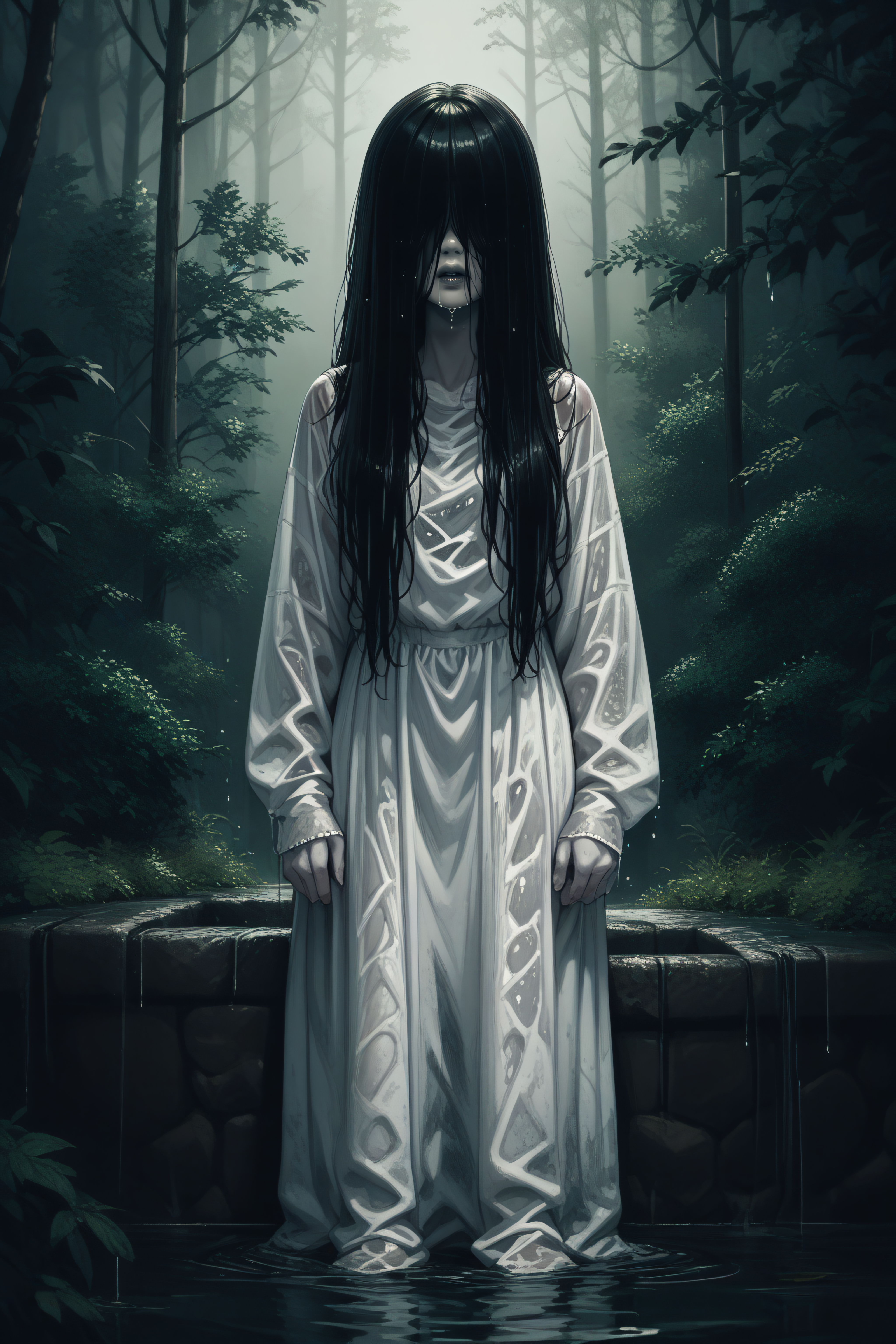 score_9, score_8_up, score_7_up, score_6_up, source_anime, <lora:yamamura sadako-PonyXL-lora-Faxtron:1> yamamura sadako, hair over eyes, black hair, long hair, pale skin, white dress, wet clothes, horror \(theme\),