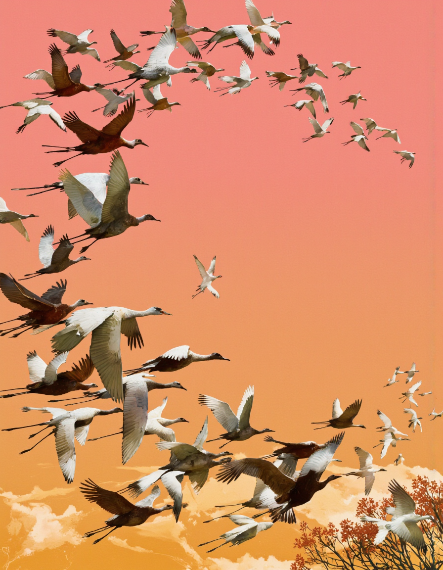 Art by Ismail Inceoglu.
A large group of sandhill cranes in flight against a warm orange and pink sunset backdrop. the birds are depicted in a dynamic and detailed manner, with their wings spread wide as they soar through the air. the cranes are of various sizes and colors, including brown, grey, and white, and are silhouetted against the warm, orange hues of the sunset. the image has a sense of movement and energy, with the birds soaring gracefully through the sky. the overall effect is one of awe and wonder at the beauty of the birds in flight.