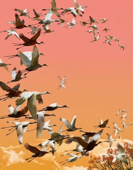 Art by Ismail Inceoglu.
A large group of sandhill cranes in flight against a warm orange and pink sunset backdrop. the birds are depicted in a dynamic and detailed manner, with their wings spread wide as they soar through the air. the cranes are of various sizes and colors, including brown, grey, and white, and are silhouetted against the warm, orange hues of the sunset. the image has a sense of movement and energy, with the birds soaring gracefully through the sky. the overall effect is one of awe and wonder at the beauty of the birds in flight.