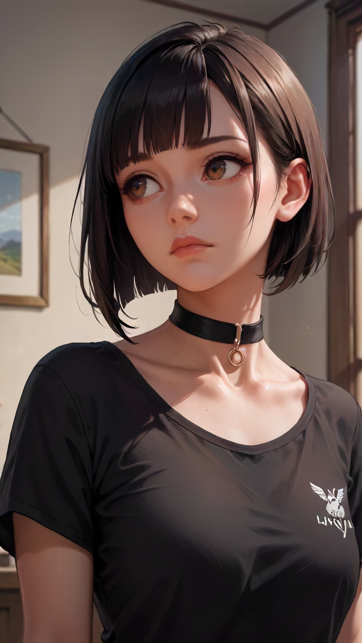 concept art, dark theme, low light, ((score_9), score_8_up, score_7_up), score_6_up, score_4_up, score_5_up, 1girl, solo, short hair, choker, bob cut, brown eyes, brown hair, upper body, lips, shirt, black choker, black shirt, closed mouth, bangs, short sleeves, looking away, nose, indoors, jewelry, black hair, looking to the side, blunt bangs, <lora:sinfully_stylish_SDKL:0.8> <lora:Concept Art DarkSide Style LoRA_Pony XL v6:0.8>