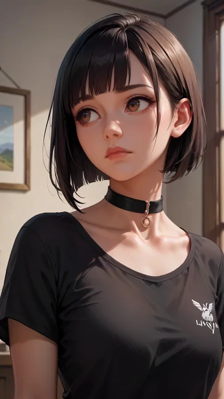 concept art, dark theme, low light, ((score_9), score_8_up, score_7_up), score_6_up, score_4_up, score_5_up, 1girl, solo, short hair, choker, bob cut, brown eyes, brown hair, upper body, lips, shirt, black choker, black shirt, closed mouth, bangs, short sleeves, looking away, nose, indoors, jewelry, black hair, looking to the side, blunt bangs, <lora:sinfully_stylish_SDKL:0.8> <lora:Concept Art DarkSide Style LoRA_Pony XL v6:0.8>