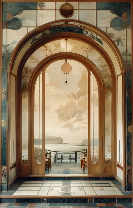 masterpiece,best quality,<lora:tbh309-sdxl:0.9>,illustration,designed by Victor Horta, Minimalist Japanese-inspired tea house by the sea, evoking the style of Tadao Ando