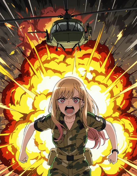 anime coloring, anime screencap, masterpiece, best quality,
girl in the Vietnam War in the 1970, in a jungle, big trees, plant life,
<lora:Marin_Kitagawa_My_Dress-Up_Darling_-_Illustrious:.8>, 1girl, solo, Marin Kitagawa, blonde hair, ear piercing, red eyes, earrings, multicolored hair, barbell piercing, girl wearing camouflage military garb,
cowboy shot, looking at the viewer, mouth open, girl shouting, girl fully in the shot, girl running really fast toward the screen, (intense motion lines, explosions in the background, a helicopter in the air with fast propellers:1.3),