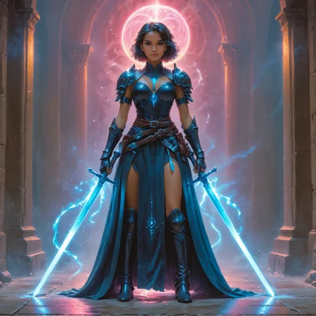 ,sorcery, retro ink <lora:retro_ink:1.00> ,(by Hayao Miyazaki and Dirk Roseport:1.20), (by Antonio J. Manzanedo and Jessica Rossier and Matthew Pillsbury:0.80), fantasy, 1 hero with dual swords <lora:dual_swords:0.55> ,full body length photorealistic