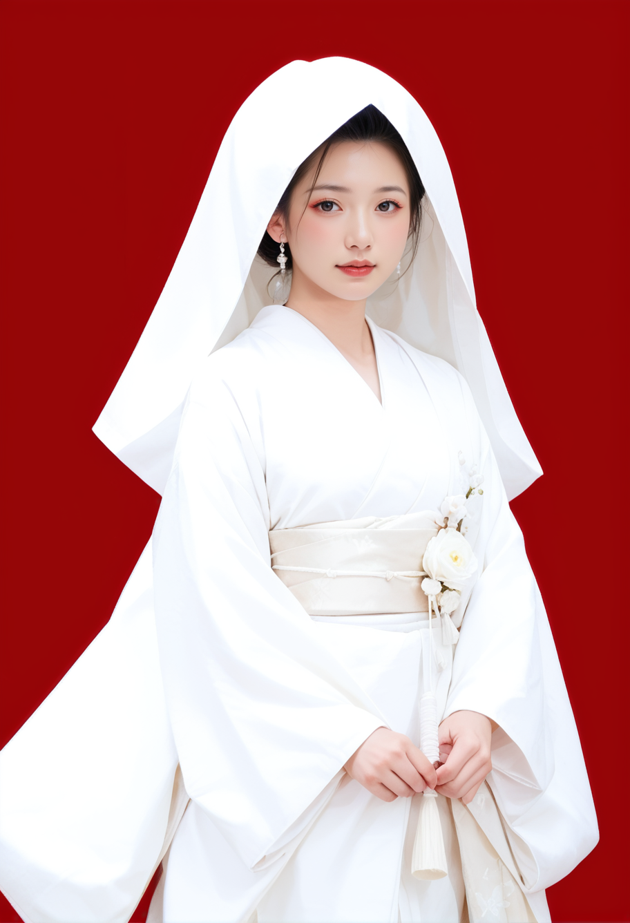 score_9,score_8_up,score_7_up,8k,red background,,ruanyi0721,bride,white kimono,hood up,japanese clothes,<lora:0721 Shiromuku_v1_pony:1>