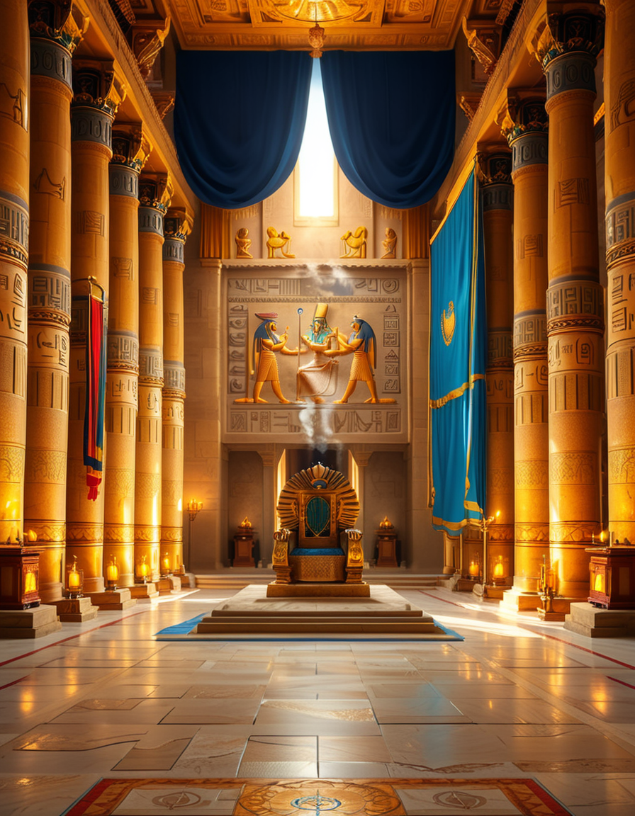 A grand and majestic ancient Egyptian throne room, illuminated by the warm glow of oil lamps and torches mounted on the intricately carved sandstone walls. The room is vast, with towering columns adorned with gold-inlaid hieroglyphs and bas-reliefs depicting gods such as Ra, Osiris, and Anubis, as well as scenes of royal ceremonies and offerings. The walls are covered with colorful frescoes, painted in deep shades of blue, red, and gold, telling the stories of ancient pharaohs and their divine rule.
At the center of the hall, an ornate golden throne rests atop a raised stone platform, accessible by a few steps. The throne is adorned with intricate carvings of winged sun disks, sacred cobras, and falcon motifs, symbolizing power and divine protection. The seat and backrest are encrusted with lapis lazuli, turquoise, and carnelian, creating a striking contrast against the polished gold. Two large stone statues of sphinxes flank the throne, their watchful eyes seeming to guard the empty seat of power.
The polished limestone floor reflects the flickering golden light of the torches, creating an almost mystical atmosphere. Large braziers shaped like lotus flowers release thin trails of fragrant incense smoke, adding to the sacred and mysterious ambiance of the room.
In the background, massive stone doors, partially open, reveal a glimpse of an open courtyard with palm trees and a distant view of the Nile River under a twilight sky. Through the high ceilings, small openings allow beams of moonlight to filter in, casting soft silver highlights across the chamber, blending with the warm tones of the torchlight.
The atmosphere is one of silence, mystery, and timeless majesty, as if the room has been left untouched for centuries, awaiting the return of a forgotten ruler.
<lora:SDXLFaeTastic2400:0.4> <lora:extremely_detailed:0.4> extremely detailed, <lora:ancient_Egyptian_thr0n3_r00m:1>,ancient Egyptian thr0n3 r00m, Masterpiece,best quality,hi res,8k,hi res,8k,award winning,(sharp focus, intricate, highly detailed),