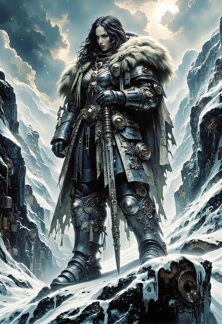 An avant-garde couture medieval warrior stands on a jagged rock amidst a vast snowy landscape, her striking silhouette contrasting against the pristine white surroundings. Clad in a meticulously crafted full suit of armor with avant-garde flairâsleek metallic curves, ornate engravings, and asymmetrical elementsâshe exudes elegance and power. A luxurious animal fur drapes over one shoulder, adding texture and warmth, while her finely designed walking cane, with an intricately carved handle, doubles as a weapon-like statement piece. The snow-covered terrain stretches endlessly, reflecting the cold light of day, as dramatic lighting from below casts bold shadows on the reflective surfaces of her armor, accentuating her fierce, regal presence in this frozen, majestic scene. epic, glorification, heroic. god rays. <lora:Warhammer_Rogue_Trader_Style_flux-000021.safetensors:0.3>,  <lora:FluxBlackT40k.safetensors:1.0>,  <lora:Elden_Ring_-_Yoshitaka_Amano.safetensors:1.0>,  <lora:The_Dark_Side_Of_The_Future.safetensors:0.28>,  <lora:aiai-Glimra-Flux-Dev-v2.safetensors:0.75>,  <lora:Ethereal Grace - s1 g4.safetensors:0.3>,  <lora:midjourney_whisper_avant_couture_v01.safetensors:1.0>,
