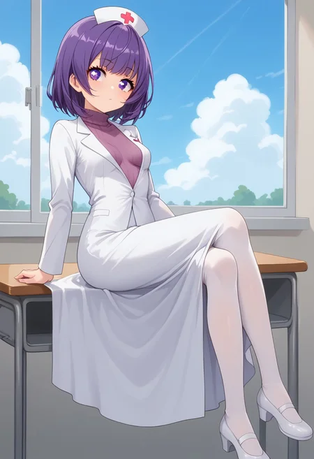 Score_9, Score_8, Score_7,Source_anime,
BREAK
1girl: <lora:kasumi kominami-v:2>,kasumi kominami ,small hair,((petite, tiny woman)),purple eyes, purple hair,small breasts
BREAK
 pose sexy,chest up view, doctor's coat,(purple turtleneck sweater),long skirt, sexy nurse, white shoes, white stockings, 
BREAK
nursing, stretcher, desk, window, sky, clouds