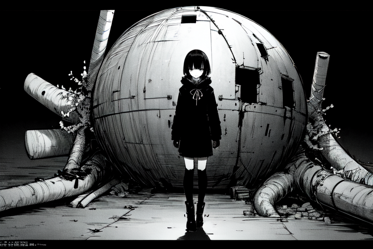 highly insanely detailed, masterpiece, top quality, best quality, highres, 4k, 8k, RAW photo, (very aesthetic, beautiful and aesthetic),  
tsutomu nihei,nihei_tsutomu,blame!,blame gakuen!,abara,TNstyle,sidonia_no_kishi,dome,wire,drainpipe,bridge,letterboxed, 
<lora:ABARA:0.5>, 
(1girl:1.3), 
solo focus, 
prison,midnight black background,âââ