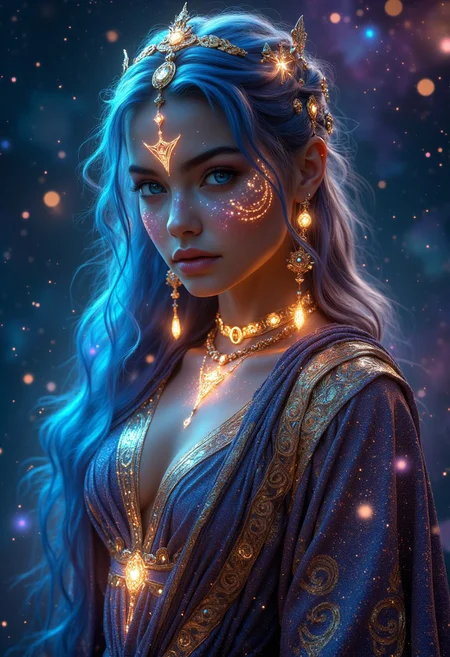 Gorgeous Galactic, A hyper-realistic portrait of a galactic female with glowing skin that shimmers with the colors of the cosmos, adorned with intricate golden ornaments and celestial jewelry. Her body is marked with luminescent runes that pulse faintly, creating a mystical aura. She wears a flowing, iridescent robe made of stardust-like fabric, and her hair cascades like a nebula, swirling with vibrant colors. The background features distant galaxies and stars, with soft beams of light illuminating her divine form. The image is framed with a cinematic close-up to capture the intricate details of her ornaments and glowing runes.