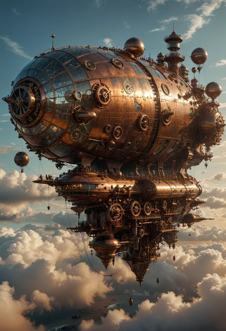 cinematic scene, fantastical steampunk airship with multiple levels, blend of metallic tones such as bronze and copper and brass, the ship have intricate gears and pipes and steam vents, adorn it with antennas, satellite dishes, and propellers, against a clear sky with soft clouds, evoking a calm day, <lora:MJ52:0.3>, <lora:add-detail-xl:1>, <lora:SDXLFaeTastic2400:0.3>, <lora:zavy-cntrst-sdxl:0.7>, <lora:EpicF4nta5yXL:0.5>, <lora:CinematicStyle_v1:0.7>
