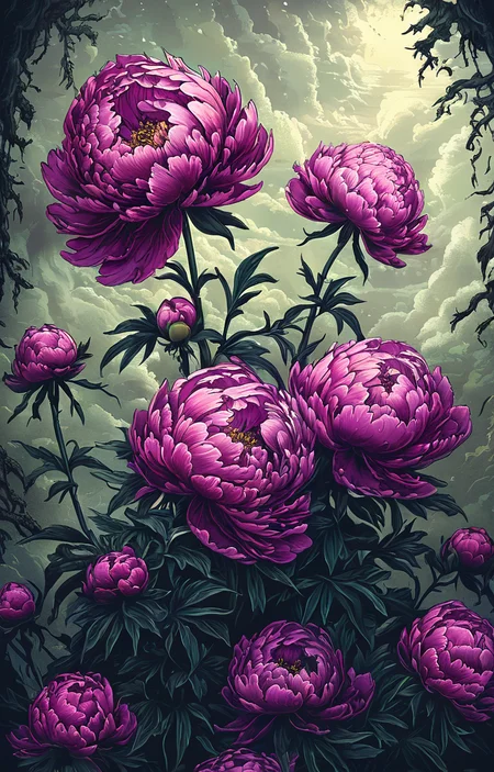 masterpiece,best quality,<lora:tbh160-sdxl:0.9>,illustration,style of Dan Mumford, decaying peonies