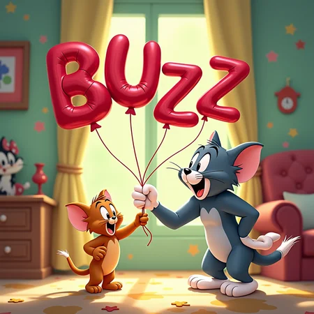 A 2D cartoon scene in the style of Tom and Jerry. In the center, a large balloon formed by the letters of the word 'Buzz' is being held out by small Jerry, who stands on the left side with a cheerful expression, offering the balloon to Tom that is on the right side. bigger Tom, standing on the right, reaches out with a surprised but happy look on his face, accepting the balloon.
The word 'Buzz' forms the actual shape of the balloon. 
The background is lively and detailed, featuring whimsical cartoon objects like scattered furniture and playful wallpaper, creating a dynamic and humorous scene.