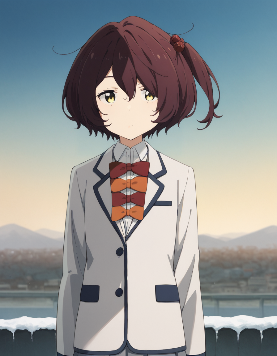 score_9, score_8_up, score_7_up, source_anime, BREAK
1girl, solo, looking at viewer, simple background, noon light, outdoors, sky,
chika komari, brown hair, short hair, hair bobbles, hair between eyes, one side up, yellow eyes, expressionless,
winter school uniform, white blazer, white collared shirt, long sleeves, red bow, orange bow, grey pleated skirt,
<lora:chika_komari_anime_v3-soralz:1>,