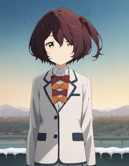 score_9, score_8_up, score_7_up, source_anime, BREAK
1girl, solo, looking at viewer, simple background, noon light, outdoors, sky,
chika komari, brown hair, short hair, hair bobbles, hair between eyes, one side up, yellow eyes, expressionless,
winter school uniform, white blazer, white collared shirt, long sleeves, red bow, orange bow, grey pleated skirt,
<lora:chika_komari_anime_v3-soralz:1>,