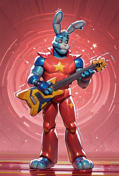 <lora:glambon-10:1> glambon, rabbit ears, cyan skin,, male focus, red swim suit, sleeveless, , solo, star (symbol), robot, furry, <lora:AMarvelRivals_style-06:1> MarvelRivals, , , semi realistic, cartoon, holding guitar, jam tracks, floating lines,, masterpiece, best quality, amazing quality, very aesthetic, absurdres, newest,