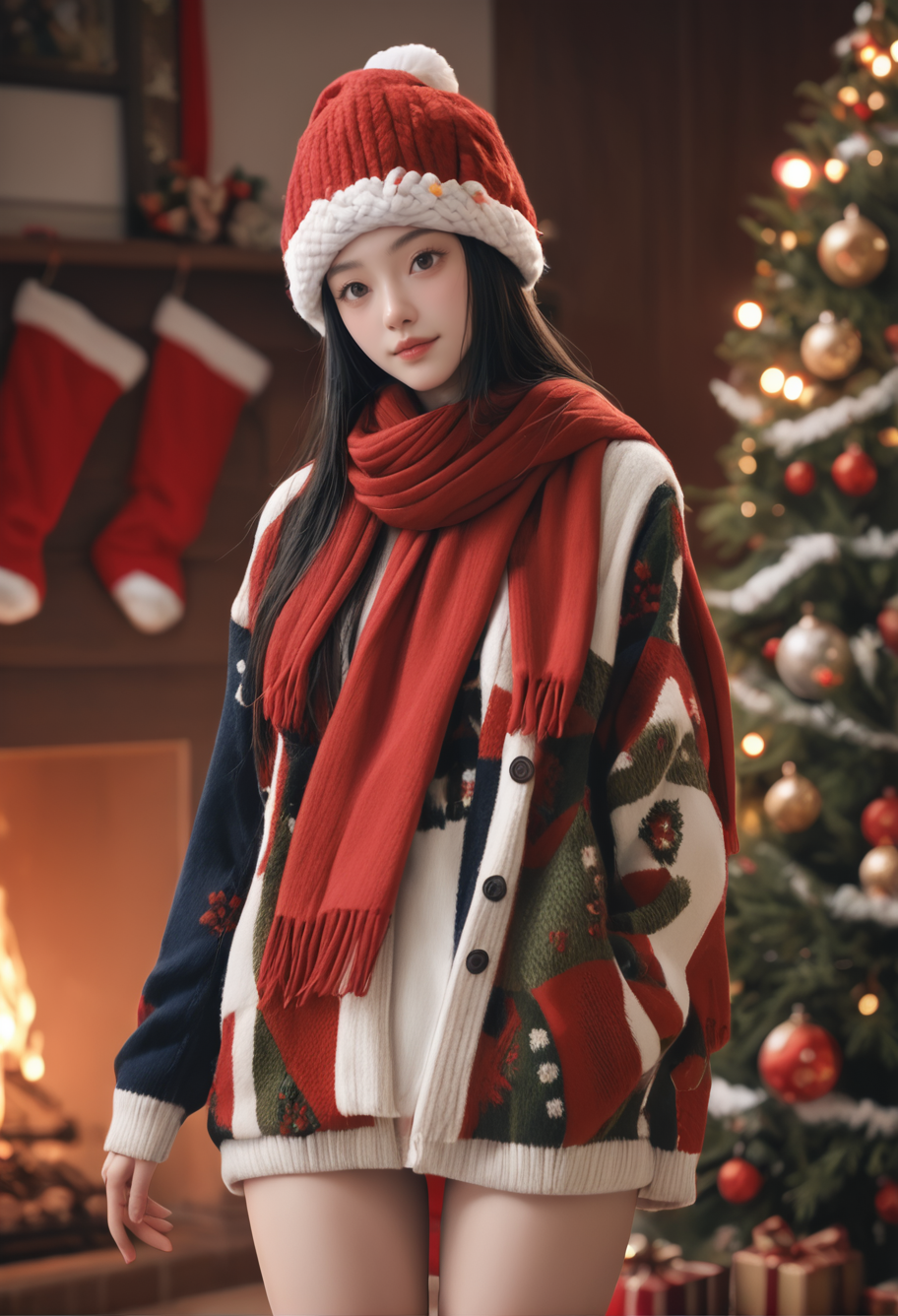 1girl,,ruanyi1386,beanie,multicolored clothes,red scarf,christmas,standing,thigh gap,christmas tree,blurry background,<lora:1386 christmas_v1_pony:1>, score_9,score_8_up,score_7_up,,8k,solo,,