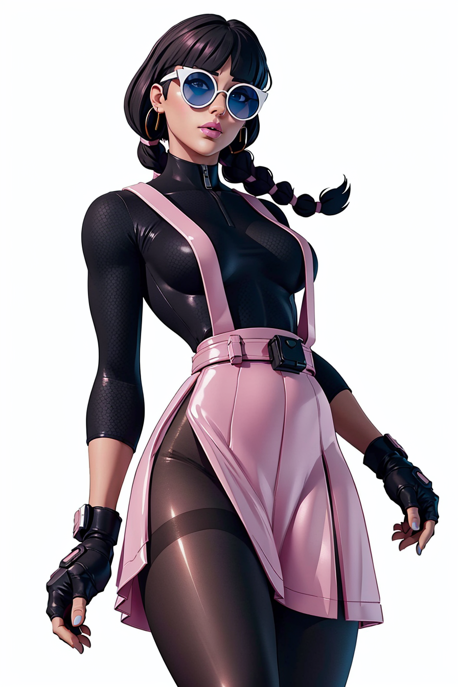 <lora:VRAMsChicPink:0.5> vramschic, 1girl, bangs, bodysuit, pink skirt, blunt bangs, twin braids, black hair, photoshoot, makeup, white background, simple background, fingerless gloves, suspenders, pantyhose, pouch, knee, from below, dominating, sunglasses