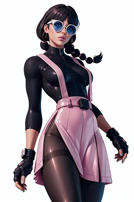 <lora:VRAMsChicPink:0.5> vramschic, 1girl, bangs, bodysuit, pink skirt, blunt bangs, twin braids, black hair, photoshoot, makeup, white background, simple background, fingerless gloves, suspenders, pantyhose, pouch, knee, from below, dominating, sunglasses