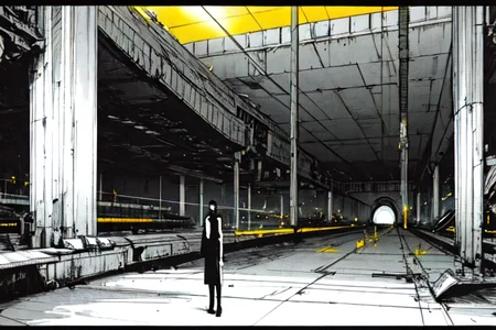 highly insanely detailed, masterpiece, top quality, best quality, highres, 4k, 8k, RAW photo, (very aesthetic, beautiful and aesthetic),
tsutomu nihei,nihei_tsutomu,blame!,blame gakuen!,abara,TNstyle,sidonia_no_kishi,(mausoleum,hangar,tower,megastructure in background,lab,sidonia \(ship\),stairs,tunnel,giant room),foggy,fog,mist,steam,smoke,tentacles,dome,bridge,bones,ventilation fan,ventilation shaft,light particles,gauna,gauna mech,dark sky,black sky,clouds,toha heavy industries,wire,fence,drainpipe,buildings,concrete walls,metal walls,air conditioner,letterboxed,
<lora:blameLora_v10:1>,
(1girl:1.3),
solo focus,
(pure yellow background,transparent background:1.2),âââ