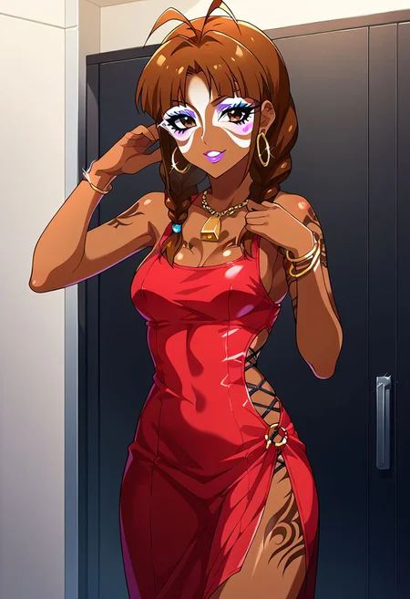 Score_9, score_8_up, score_7_up, score_6_up, source_anime, detail, 1girl, solo, light background,  neon glow, hoop earrings, dark-skinned female, tattoo, ggr, jet-black skin, BREAK, (yamanba, white facepaint makeup:1.3), face stickers, pursed cyan lips, parted lips, eyeshadow, very dark skin, light_purple makeup, light_purple lip, BREAK,
<lora:ManbaXL4:1>,
see-through,
akzkrtk, long hair, brown hair, twin braid, bangs, antenna hair, brown eyes, glasses, medium breasts, jewelry, tassel, jet-black skin, 
cow_boy shot, standing,  leg spread, 
<lora:Expressive_H:1> Expressiveh,horny face, smile,  BREAK, 
OverallDetail,easynegative,