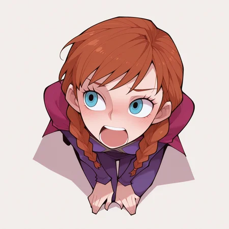 1girl, solo,
Anna \(frozen\),,
simple background, white background, (from above :1.3) yelling playful pose, (kneeling , looking to the side ,
,
<lora:DarkfireStyle19:1.25>