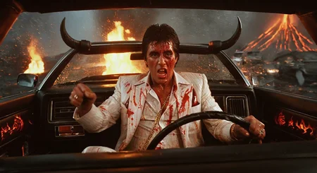 cinematic action still, Tony Montana, 1980s white pinstripe suit soaked in sweat and blood, gold chains flashing, gripping a scorched black leather steering wheel, intense snarl on his face, driving a hellfire-modified 1983 Cadillac Eldorado with demonic horns on the hood, flames bursting from the exhaust, interior glowing with red neon runes, medium shot, low-angle inside car perspective, surrounding him are rivers of lava and skeletal motorcyclists giving chase, volcanic ash raining through broken windshield, furious and defiant mood, lit by infernal orange glows and flickering dashboard sparks, saturated red and burnt umber palette, styled like a fusion of hyper-stylized action and infernal noir aesthetics