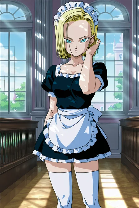 anime screencap, absurdres, high quality, official style,
android 18, short hair, blue eyes, blonde hair,
indoors, mansion, maid headdress, maid, window, dappled sunlight, furniture, short dress, thighhighs, standing, looking at viewer, hand in hair
<lora:Android_18_-_Dragon_Ball:0.8>