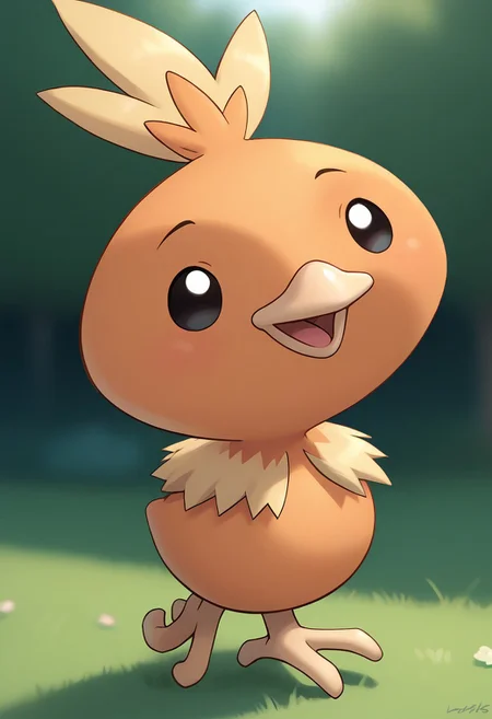score_9, score_8_up, score_7_up, score_6_up, extremely detailed, torchicLora, pokemon (creature), black eyes, big head, tiny body, round head, cute, smol bean, cowboy shot, happy, open mouth, looking around, solo, facing viewer, front view, the park, outdoors, daytime, bright lighting,