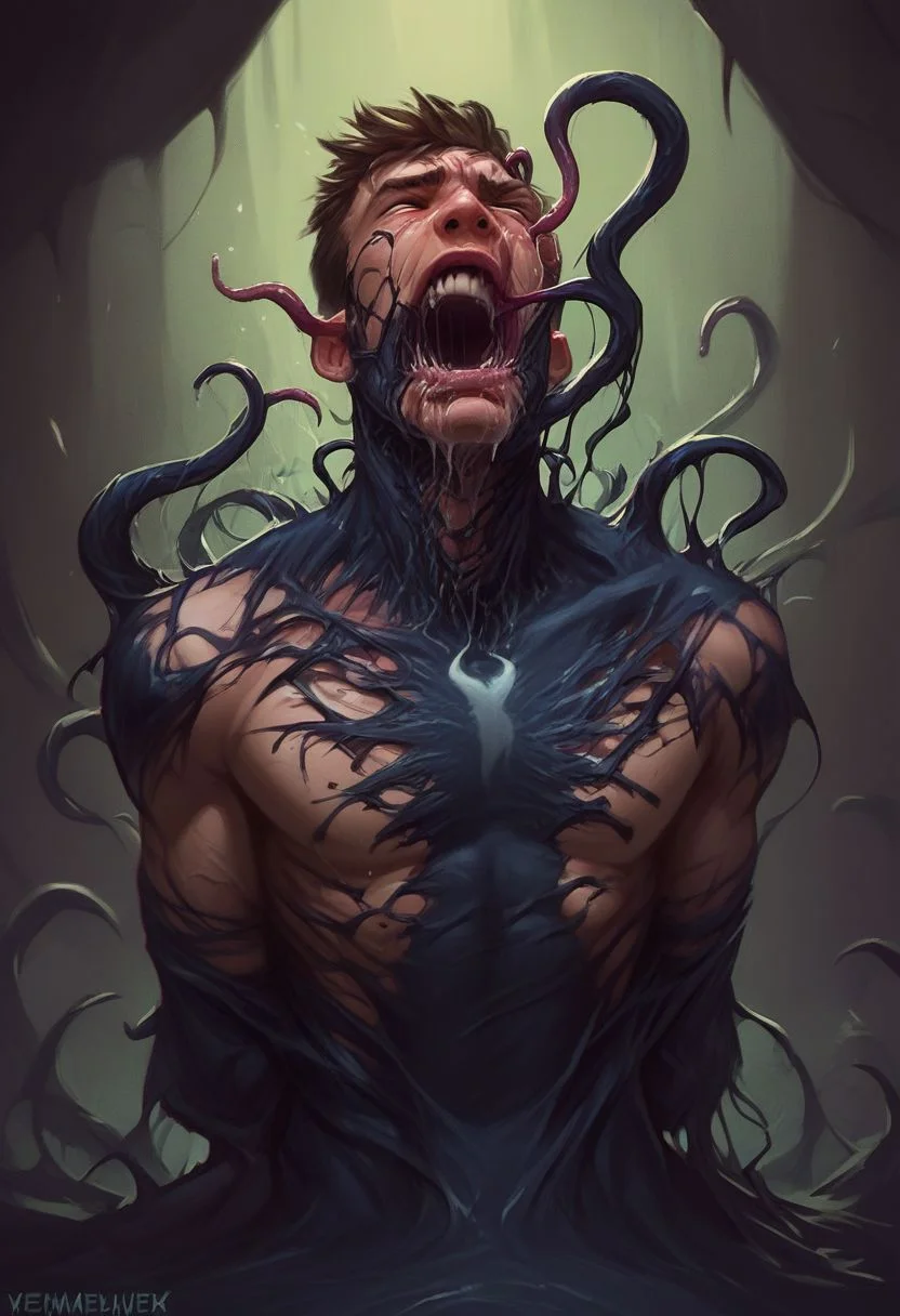 score_9, score_8_up, score_7_up, score_6_up, score_5_up, venom_assimilation, dehumanization, transformation, tentacles, 1boy, screaming, saliva, resistance, reject, bound, restrained, straining, groaning, hopeless, absorption, merging