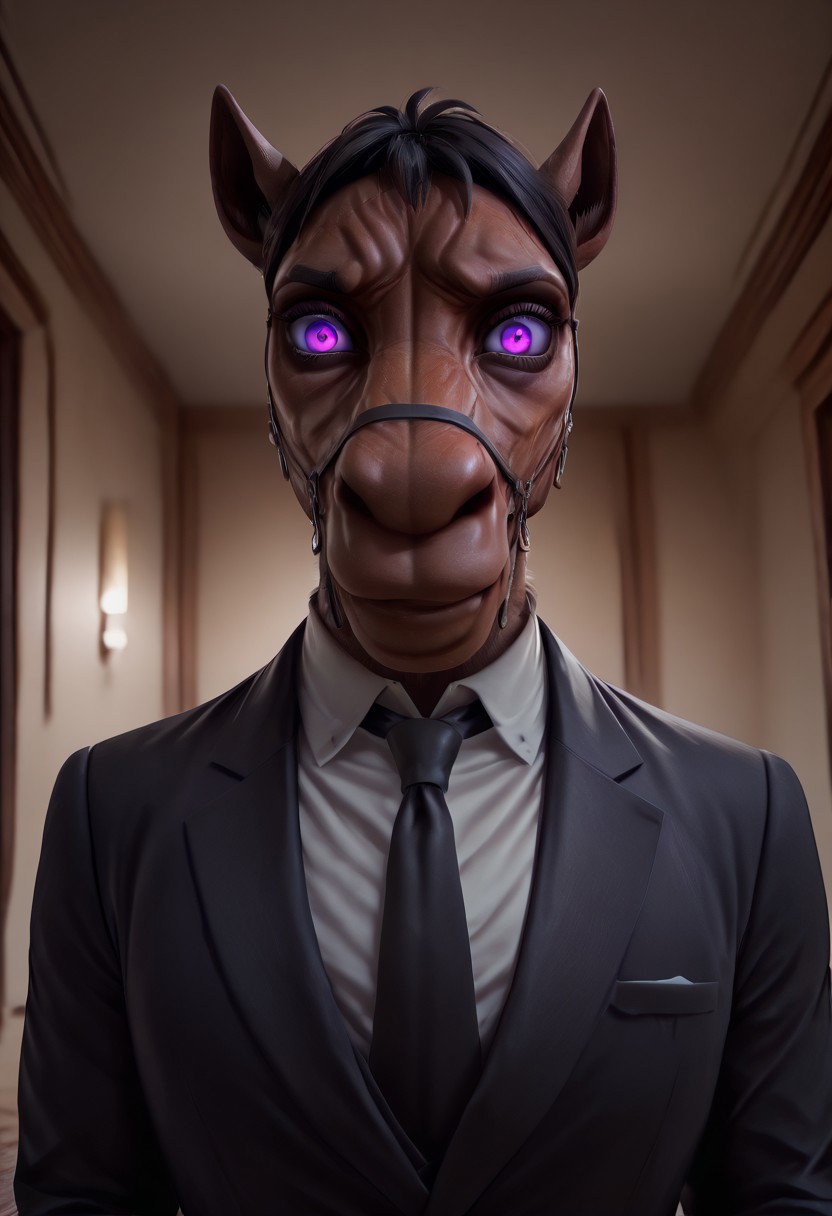 masterpiece, best quality, newest, absurdres, highres, kftenhance, 1boy, Berserk-Friendly-Horse-IL-V1.0, furry, furry male, suit, shirt, nectie, formal attire, furry male, purple eyes, smile, looking at viewer