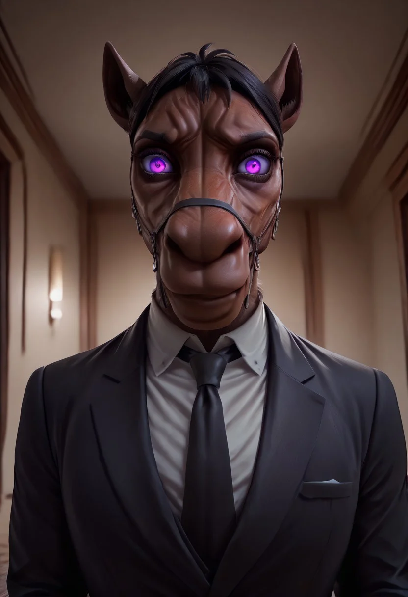 masterpiece, best quality, newest, absurdres, highres, kftenhance, 1boy, Berserk-Friendly-Horse-IL-V1.0, furry, furry male, suit, shirt, nectie, formal attire, furry male, purple eyes, smile, looking at viewer